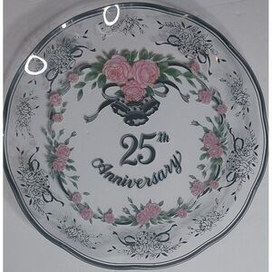 25th Anniversary Lefton Collector Wall Plate | Glass With Silver & Flowers #12B5